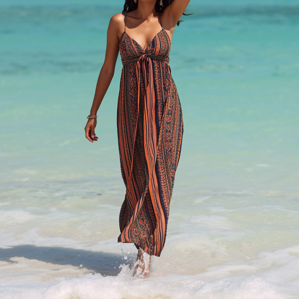 Rostfarbenes, geometrisches, ärmelloses Maxikleid für Damen
