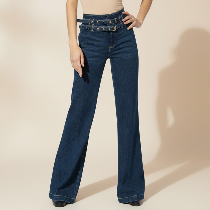 Bootcut-Jeans, blau-steingewaschen – High Waist mit Bauchweg- und Push-up-Effekt