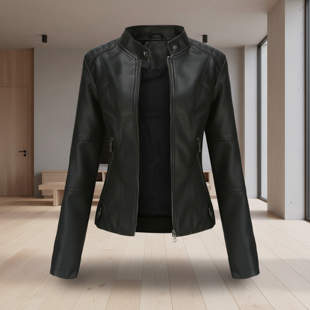 Damen-Bikerjacke aus Kunstleder mit Stehkragen