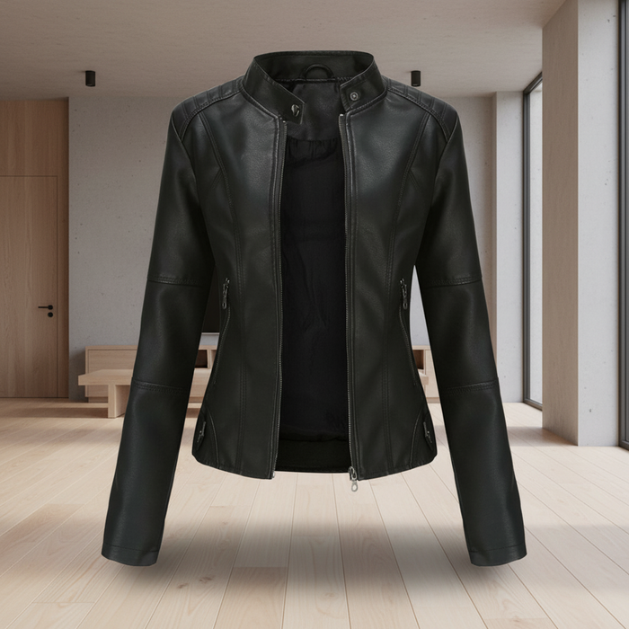 Damen-Bikerjacke aus Kunstleder mit Stehkragen
