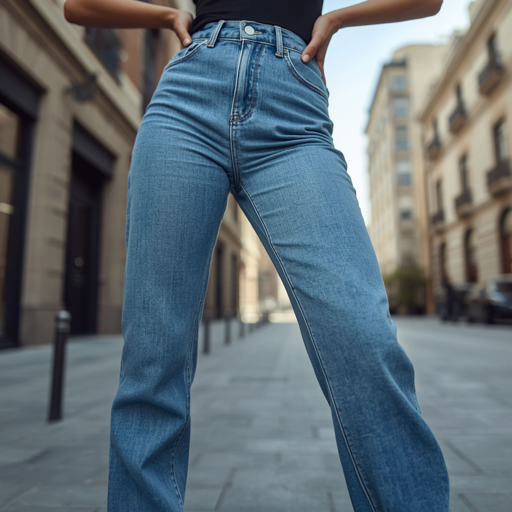 Damen-Jeans mit hohem Bund, hellblau, weitem Bein