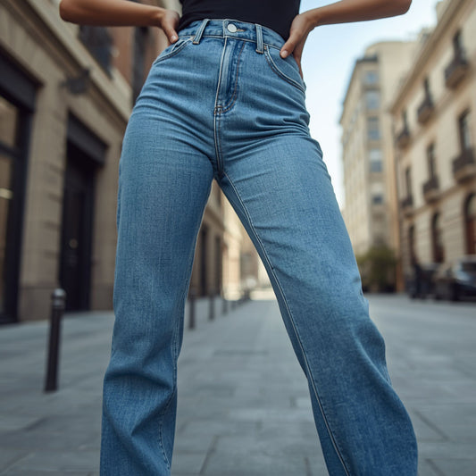 Damen-Jeans mit hohem Bund, hellblau, weitem Bein
