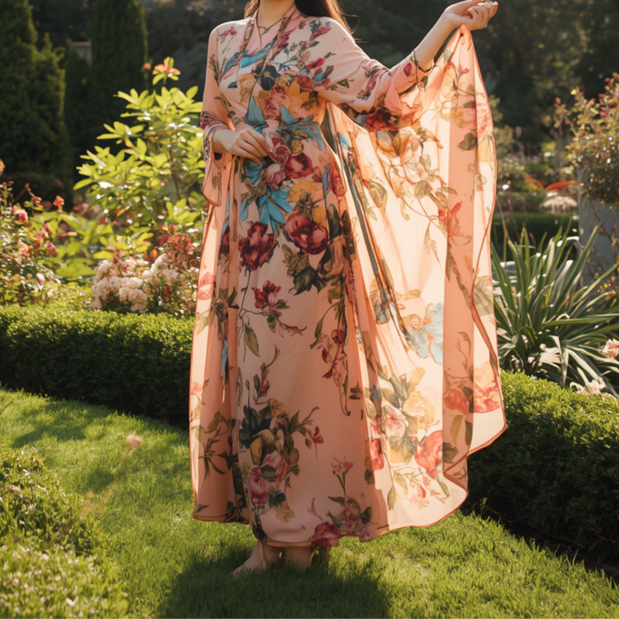 Damen-Maxikleid mit rosa Blumenmuster und langen Ärmeln