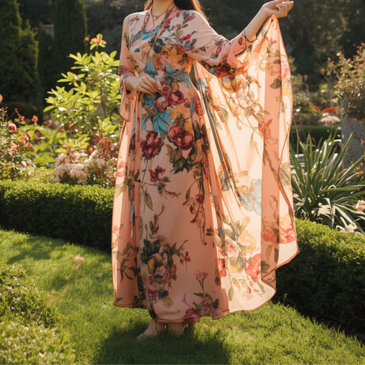 Damen-Maxikleid mit rosa Blumenmuster und langen Ärmeln