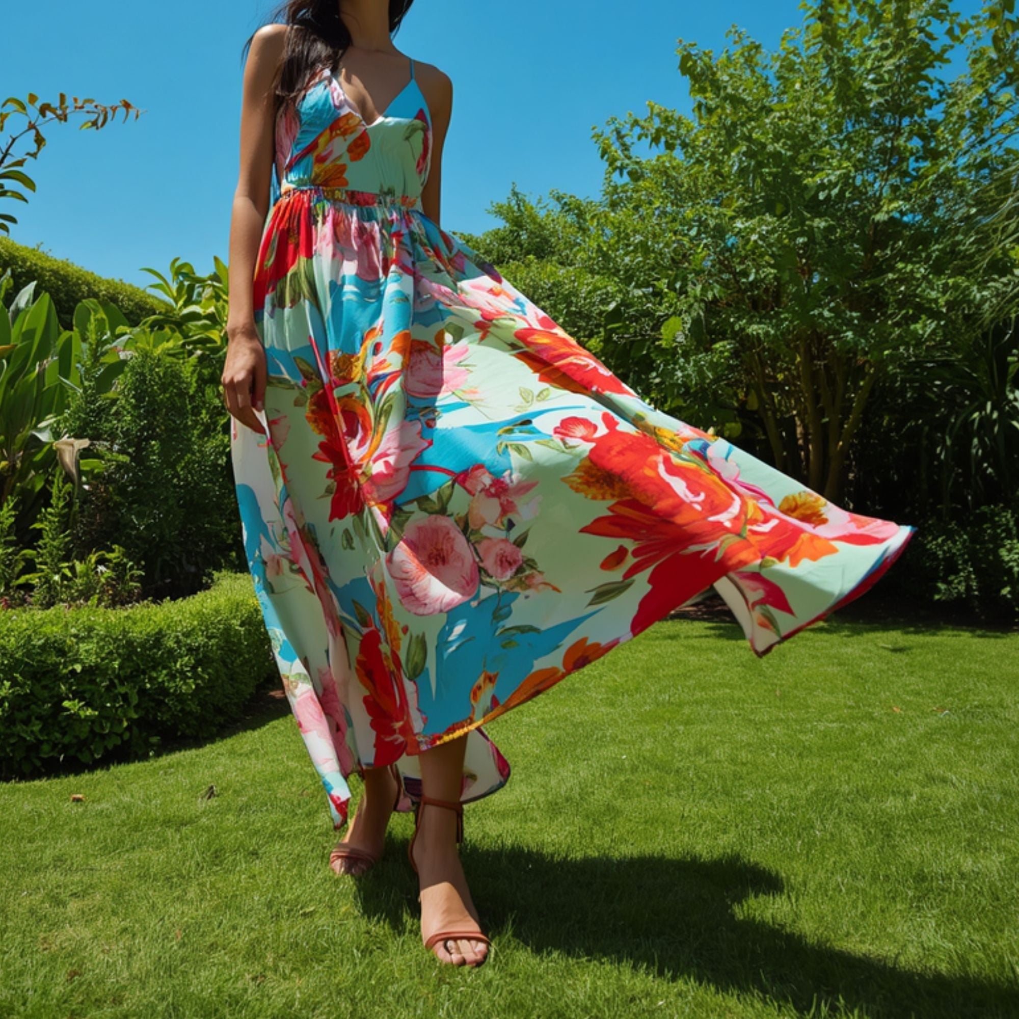 Damen-Maxikleid mit türkisfarbenem tropischem Blumenmuster