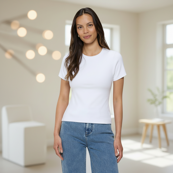 Damen-T-Shirt aus gerippter Baumwolle mit Rundhalsausschnitt