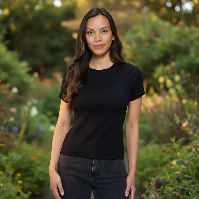 Damen-T-Shirt aus gerippter Baumwolle mit Rundhalsausschnitt