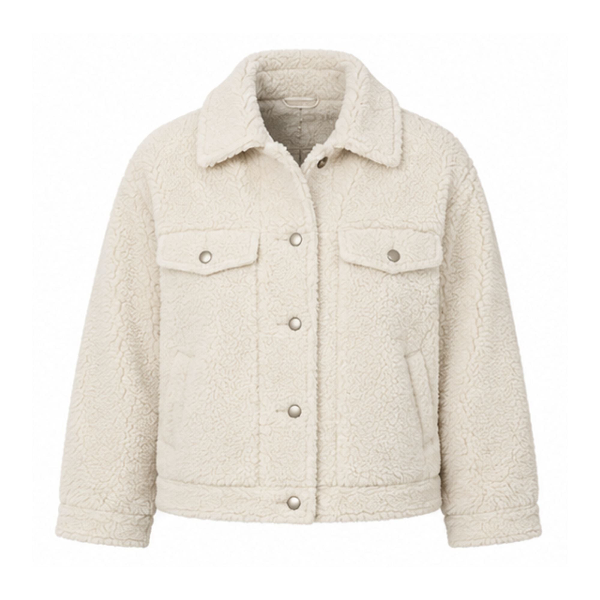 Damen-Teddy-Jacke in Creme mit Knopfleiste und Brusttaschen