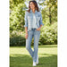 Woman wearing a denim jacket on a white background
