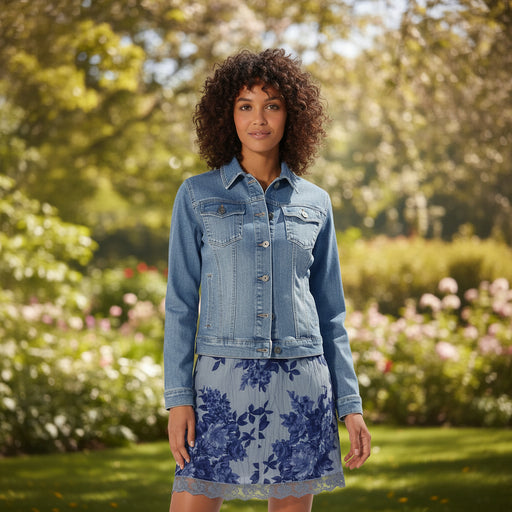 Woman wearing a blue denim jacket over a floral dress on a white background