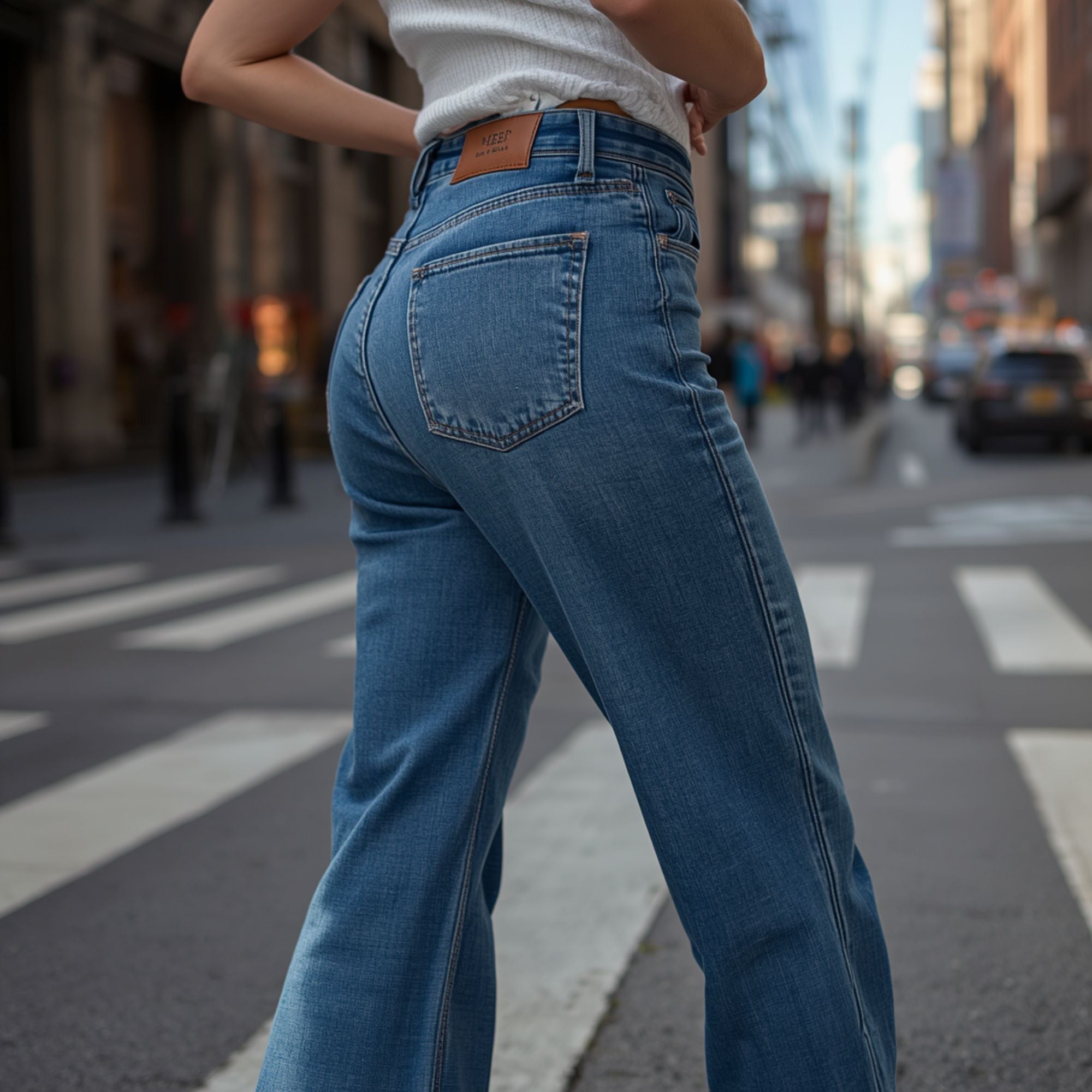 Dunkelblaue Bootcut-Jeans mit hohem Bund für Damen