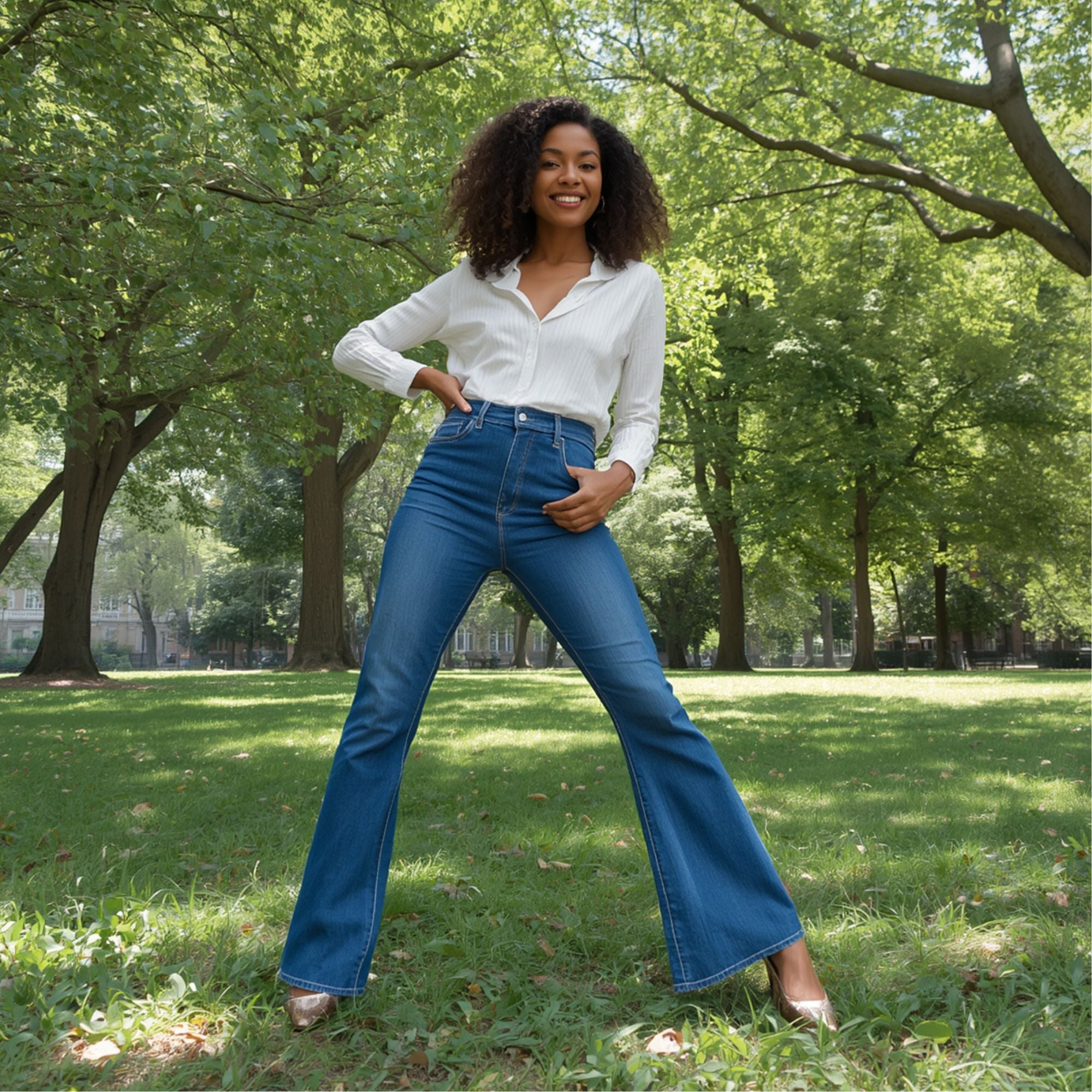 Dunkelblaue Damen-Jeans mit hohem Bund und ausgestelltem Bein