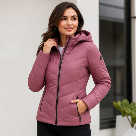 Gesteppte Outdoorjacke mit Kapuze in Altrosa