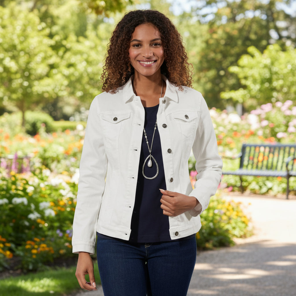 Woman wearing a white denim jacket on a plain background