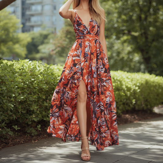Maxikleid im Wickelstil mit Blumenmuster, terrakottafarben, für Damen