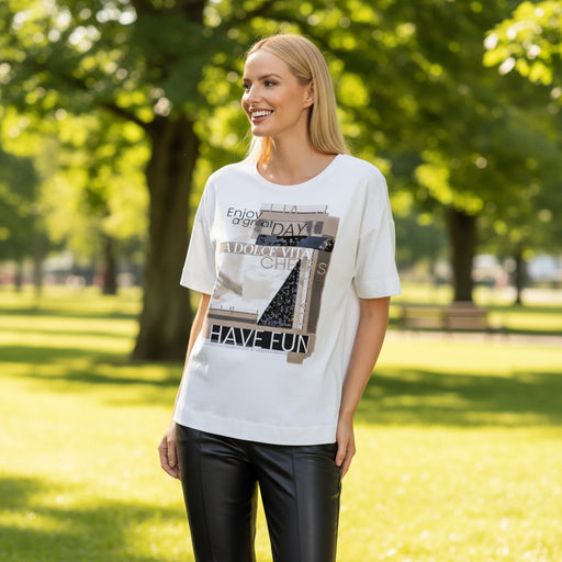 Print-Shirt Weiß-Schwarz – Jerseyshirt mit Pailletten und Frontdruck
