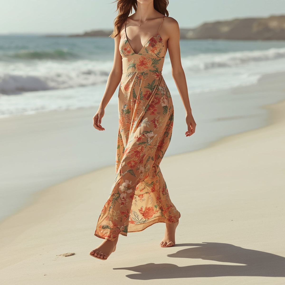 Sandfarbenes Maxikleid mit Blumenmuster und Spaghettiträgern für Damen