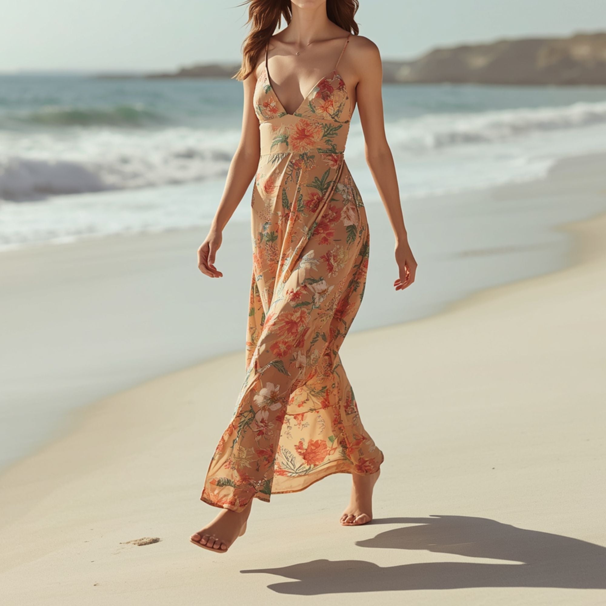 Sandfarbenes Maxikleid mit Blumenmuster und Spaghettiträgern für Damen