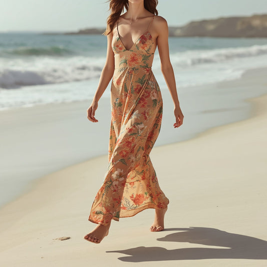 Sandfarbenes Maxikleid mit Blumenmuster und Spaghettiträgern für Damen