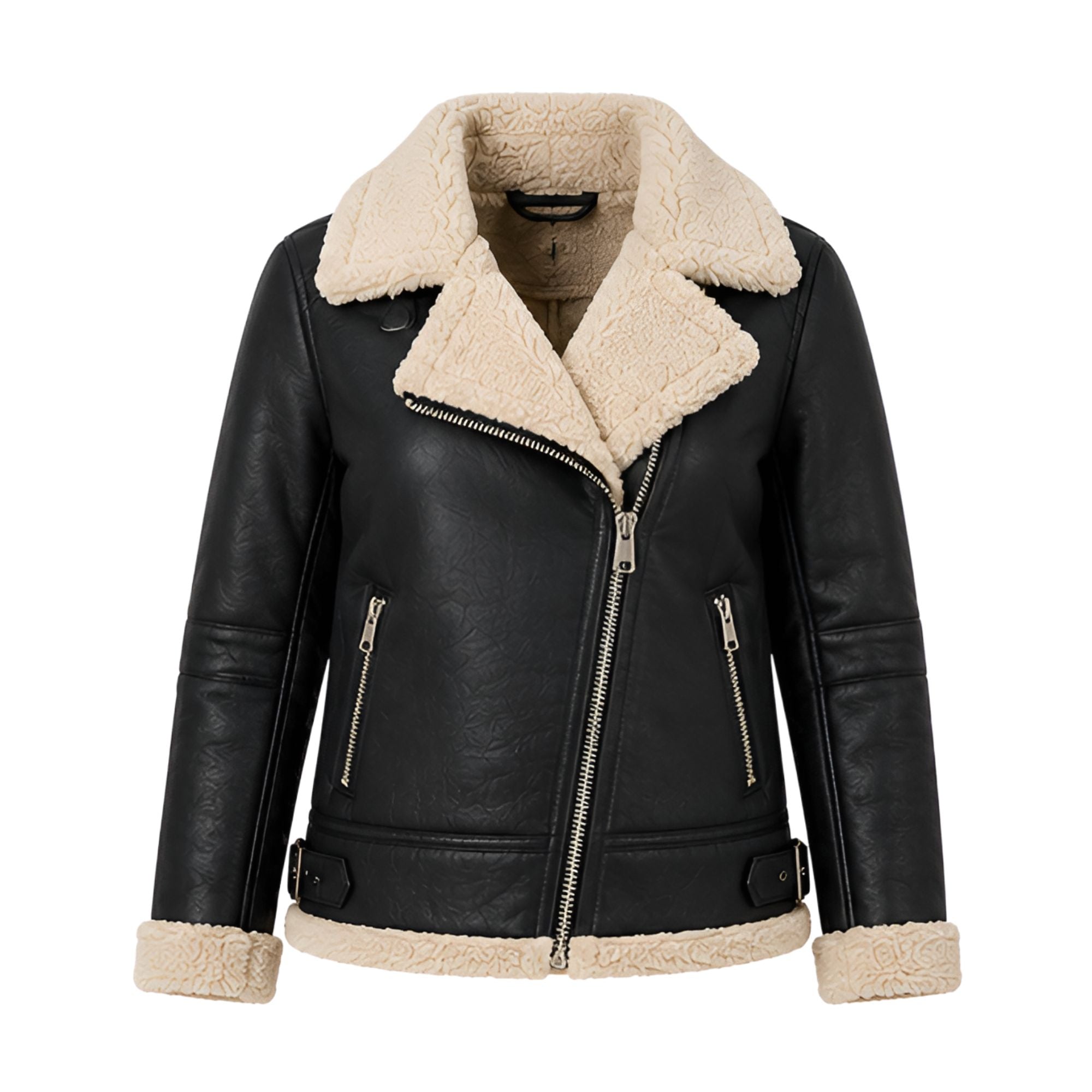 Schwarze Damen-Fliegerjacke aus Kunstleder mit Sherpa-Kragen
