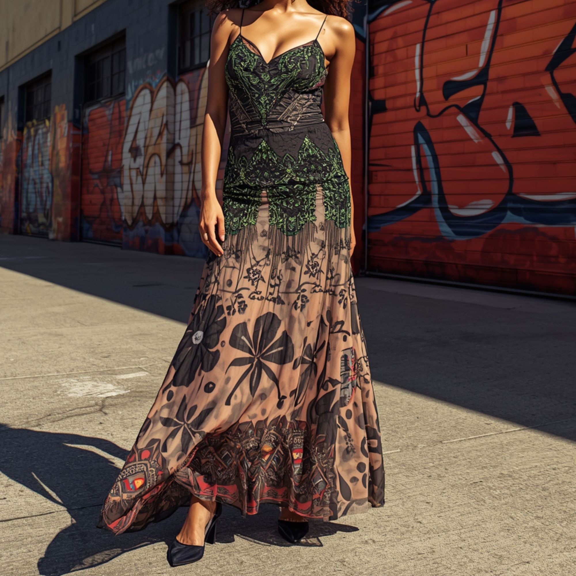 Schwarzes Maxikleid mit floraler Spitzenapplikation für Damen