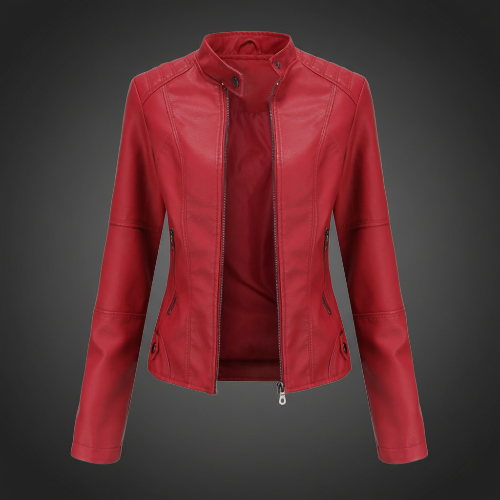 Damen-Bikerjacke aus Kunstleder mit Stehkragen