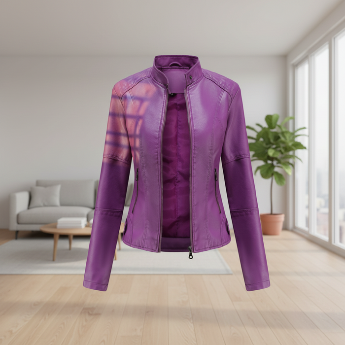 Damen-Bikerjacke aus Kunstleder mit Stehkragen