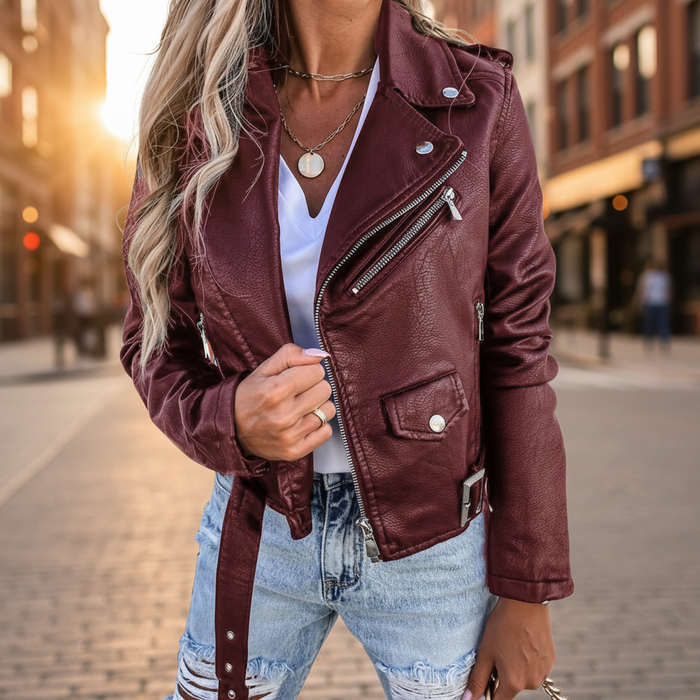 Damen-Bikerjacke aus Leder mit Revers