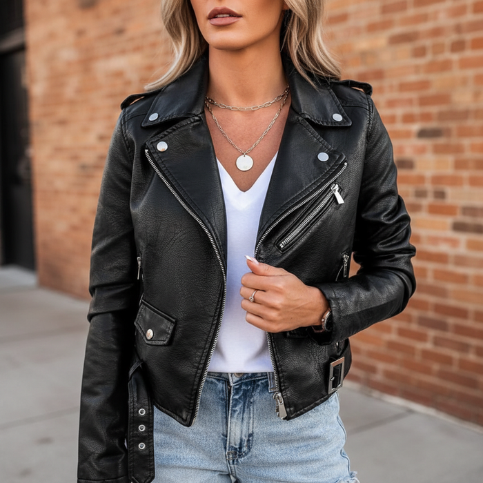 Damen-Bikerjacke aus Leder mit Revers