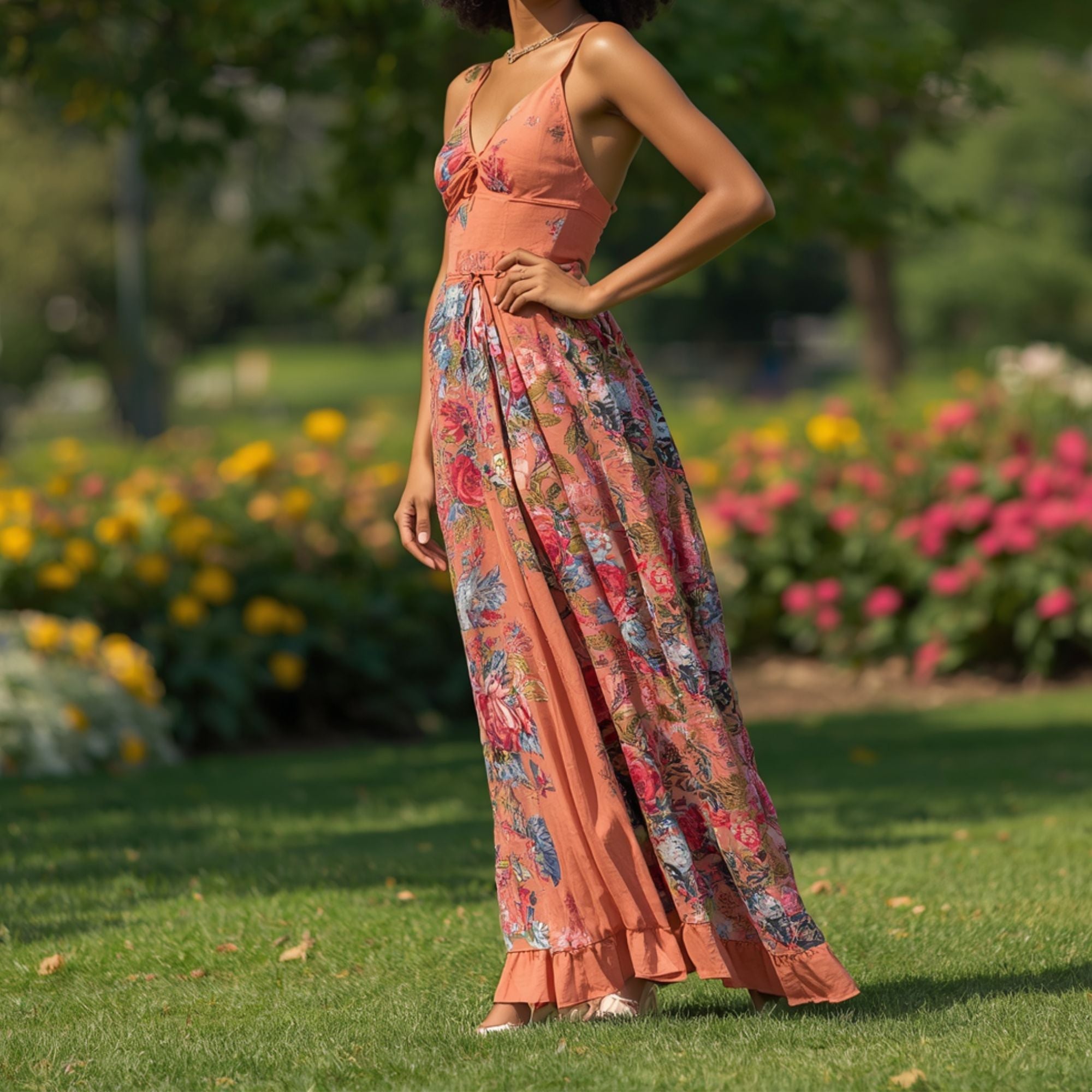 Ärmelloses Maxikleid für Damen mit Korallen- und Blumenmuster