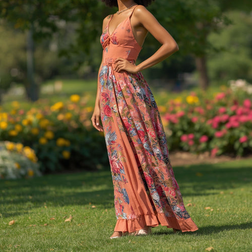 Ärmelloses Maxikleid für Damen mit Korallen- und Blumenmuster